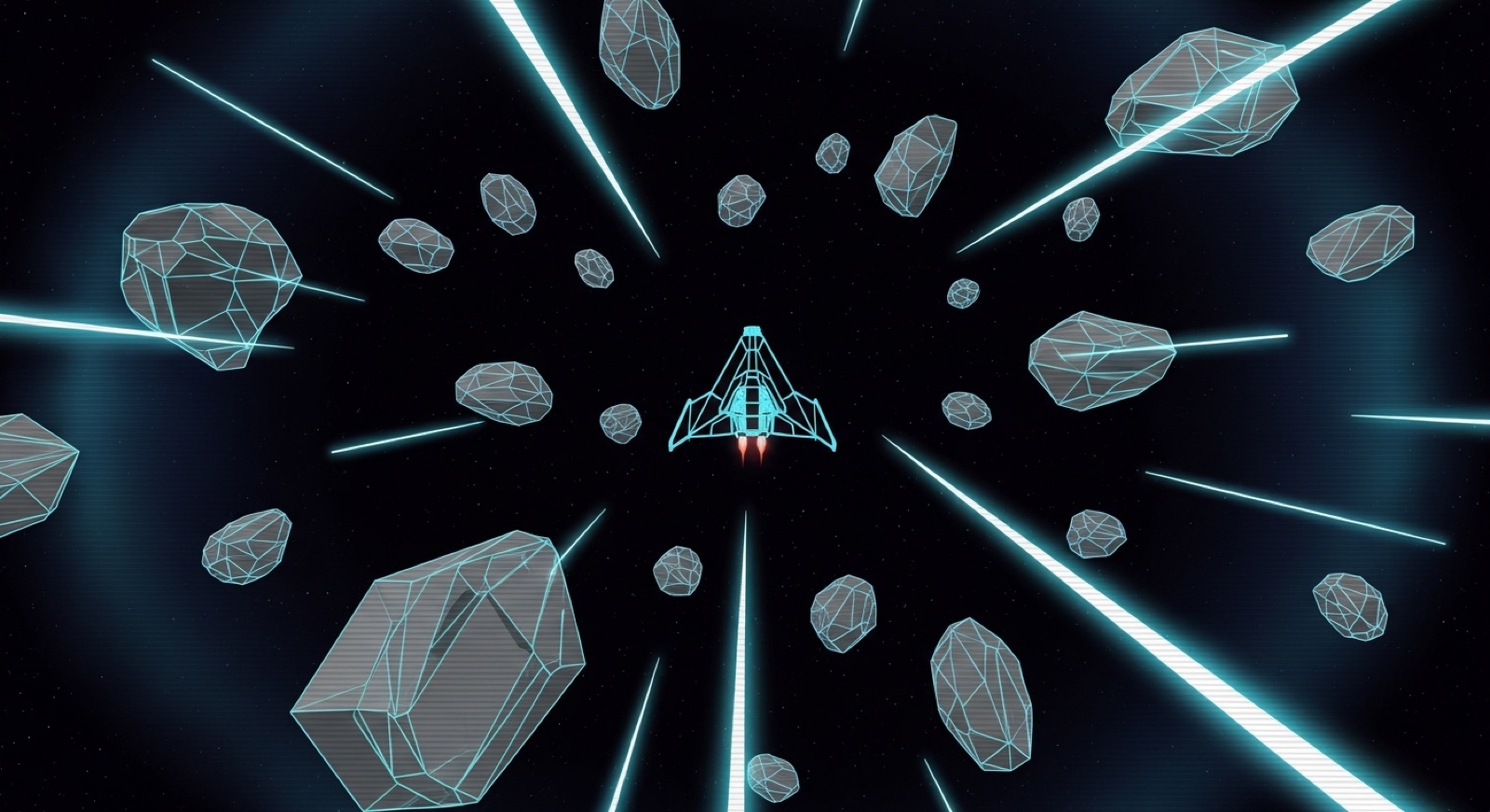 A small triangular spaceship drifts through a field of glowing cyan asteroids in deep space.