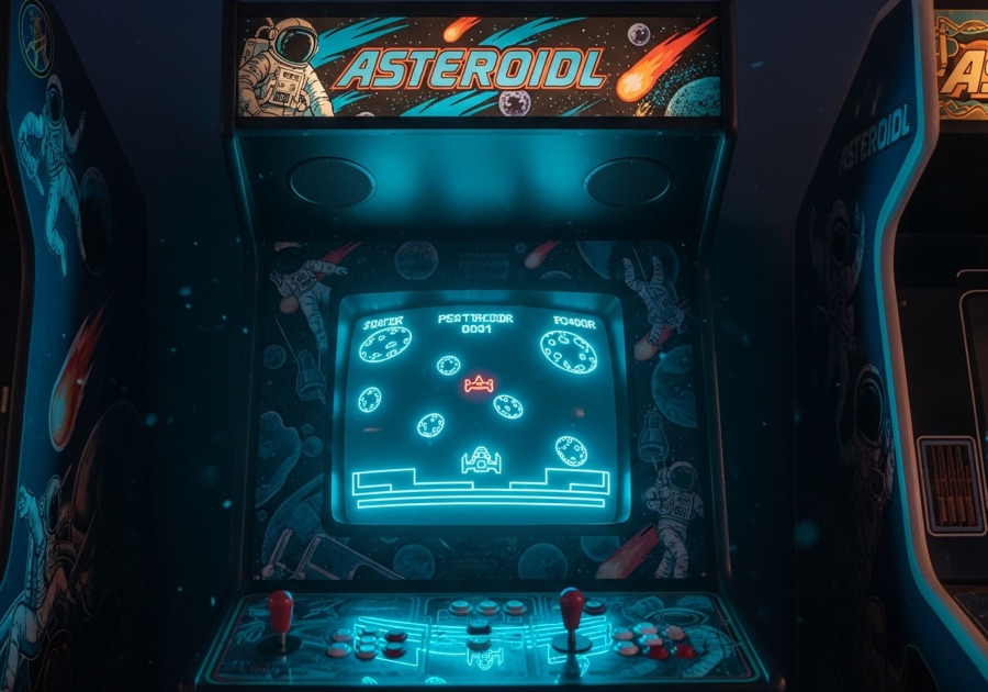 A vintage 1980s arcade cabinet glowing in a dim room, with a vector-graphics asteroid game on its CRT screen.
