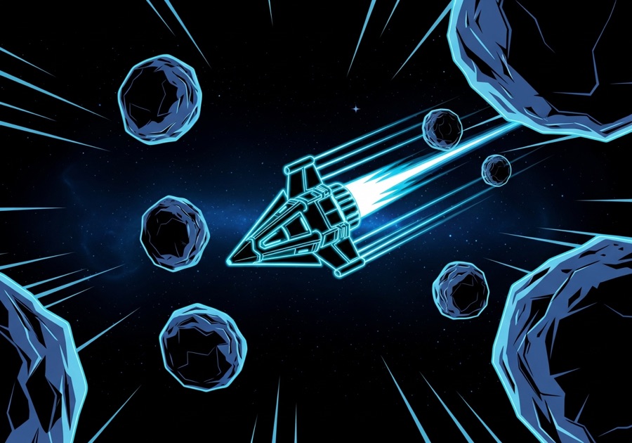 A neon-cyan spaceship threads between large jagged asteroids, exhaust trail glowing electric blue.